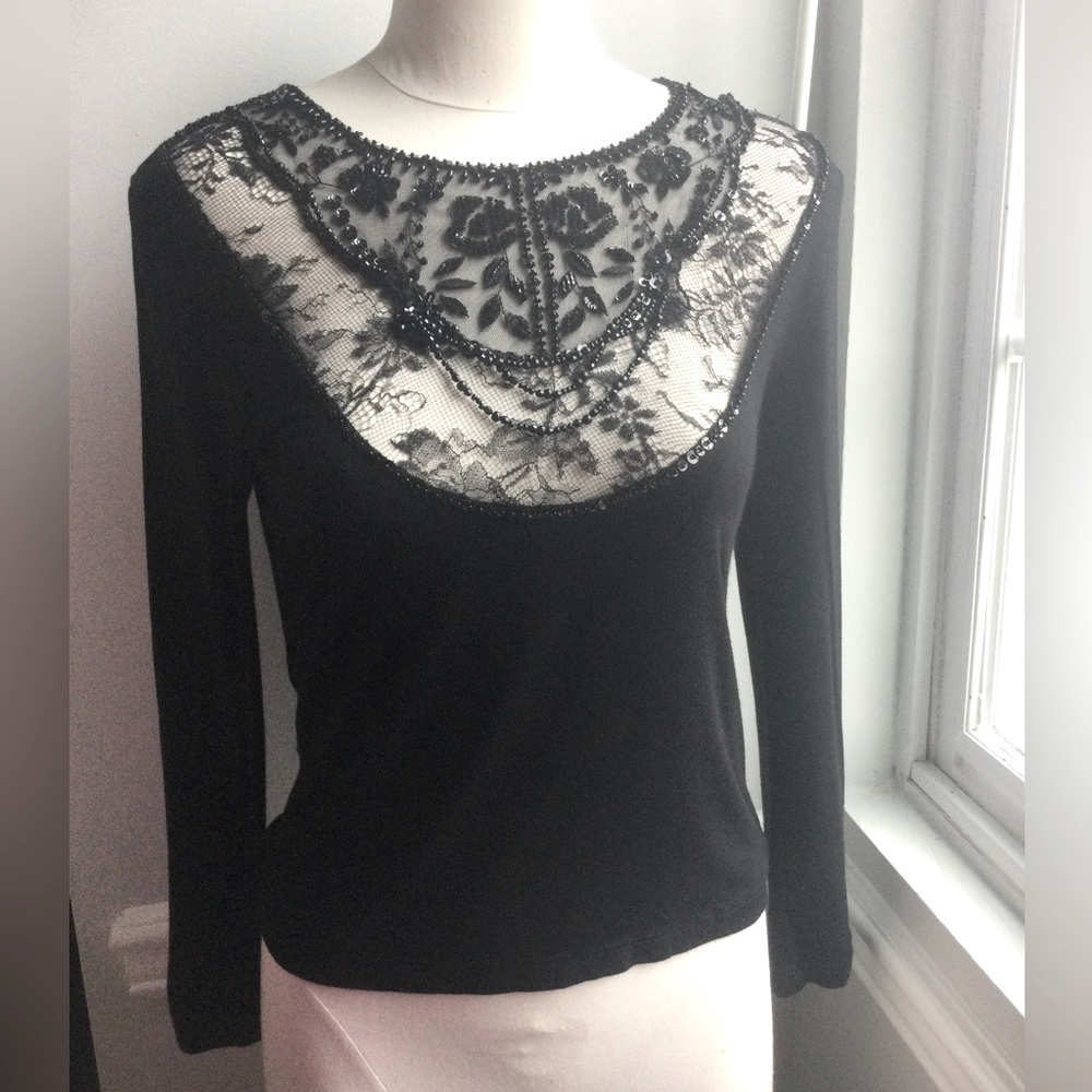 Valentino Beaded Lace Long Sleeve Top